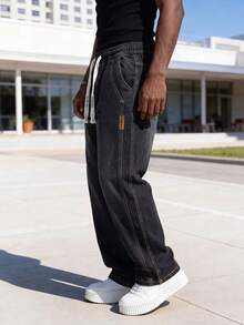 Men's Drawstring Elastic Waist Jeans, Vintage Distressed Washed Black Gray, Loose Straight Leg Fit, Suitable For Creating A Relaxed, Comfortable Daily Commute And Travel Look. - Black - View 5