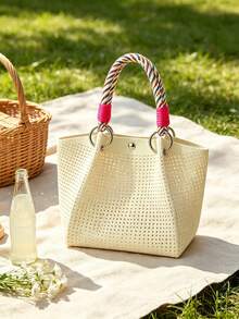 Classic Colorblock Polka Dot Casual Versatile Artistic Bucket Bag, Multi-Functional Daily Commute Handbag, Suitable For Niche Shopping And Dating - Beige - View 3