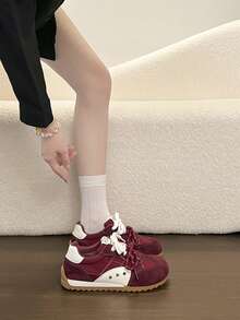 Sepatu Sneakers Wanita Bertali Rendah, Desain Patchwork Berlapis - Merah - View 5