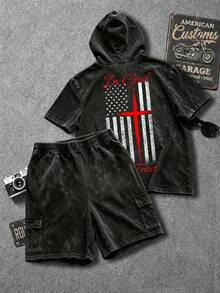 [Simple]Men's Retro Distressed Hooded Short-Sleeve T-Shirt And Cargo Shorts Set, Machine Washable Fabric, Printed Set, Comfortable Summer Streetwear. - Black - View 5