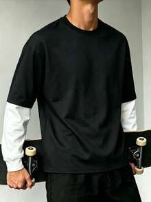 ZYNTH BALENO Men's Spring/Summer 2-In-1 Layered Crew Neck Long Sleeve T-Shirt, Suitable For Sports, Classic Solid Color - Black - View 3