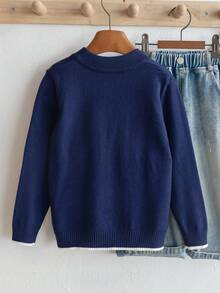 Young Boys' Preppy Striped Cable Knit Cardigan Sweater, Suitable For School Daily Wear In Spring, Autumn And Winter - Navy Blue - View 2