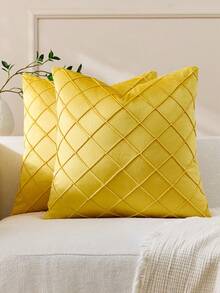 1pc/2pcs Rhombus Pattern Flannel Cushion Cover(Pillow Insert Not Included), Square Decorative Pillow Sham, Soft & Comfortable Linen-Like Fabric, Suitable For Holiday Home, Sofa, Bedroom, Dormitory - Yellow - View 2