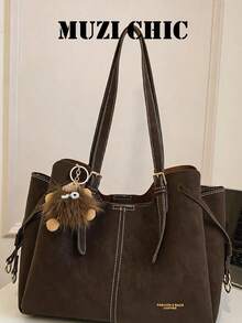 Tas Tote Tekstur Matte Vintage Korea Ins, Desain Jahitan Kontras, Kulit Lembut, Tas Belanja Kapasitas Besar, Gaya Minimalis Elegan, Cocok Untuk Pekerja Kantoran, Perjalanan Sehari-hari, Tas Genggam dan Tas Bahu Kasual - Coklat - View 4