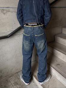 Men's Vintage Blue Washed Distressed Denim Jeans With Frayed Waistband, Loose Straight Leg, Frayed Hem And Frayed Back Pockets - Blue - View 2