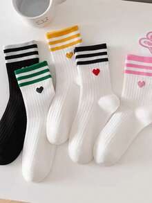 1/5 pares de calcetines de media caña estilo universitario para mujer con rayas de corazón, puño acanalado de doble raya, calcetines deportivos casuales para correr, fitness, yoga, pilates, suaves y transpirables para el uso diario, simples y cómodos, adecuados para todas las estaciones - Multicolor - Ver 9