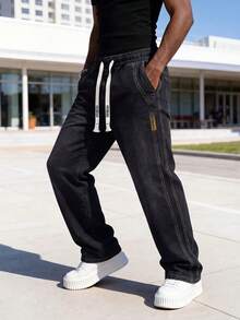 Men's Drawstring Elastic Waist Jeans, Vintage Distressed Washed Black Gray, Loose Straight Leg Fit, Suitable For Creating A Relaxed, Comfortable Daily Commute And Travel Look. - Black - View 4