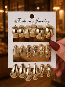 12/18 Pairs Multiple Gold Tone Textured Hoop Earring Set, Vintage Geometric Statement Metal Earrings, Versatile Daily Party Jewelry Gift For Women - Yellow Gold - View 3