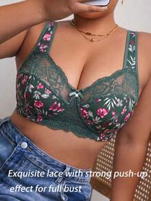 Sujetador sexy de encaje con patchwork y estampado floral para mujer talla grande, sin aros, casual, cómodo, diseño de espalda fina para deportes - Verde Oliva - Ver 3