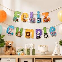 1 Set Spanish Birthday Banner, Cartoon Zoo Animal Letter Paper Hanging Bunting, Spanish Language Small Animal Theme Birthday Party Wall Hanging Decoration - Color - View 5