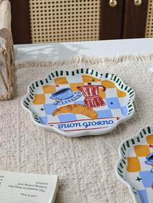 1pc Ins Style Cute Coffee & Bread Print Ceramic Plate, Home Breakfast Bread Plate, Western Dinner Plate, Steak & Pasta Plate, Fruit & Salad Plate, Holiday Gift - Multicolor - View 5