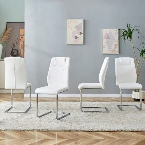 White Scandinavian-Style PU Dining Chairs (4-Pack) – Featuring Mesh Backrests, Polished Silver Metal Legs, And Non-Slip Feet. Timeless And Versatile. - White + Silver - View 1