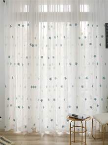 1pc White French Modern Country Style Blue Small Phoenix Tail Flower Embroidery Sheer Curtain, Translucent, Easy To Hang, No Track/Rod Included, Suitable For Living Room, Bedroom, Balcony, Office Home Decor, All Seasons - White - View 6