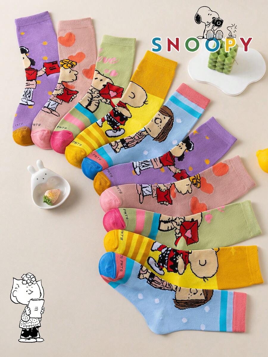 1/5/10 Pairs Snoopy Women's Mid-Calf Socks, Striped Heart Pattern Colorful Fun Autumn/Winter Socks - Multicolor - View 1