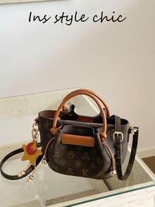 Vintage All-Over Pattern Decor Drawstring Cinch Design Zipper Inner Pocket Daily Dating Shopping Travel Bag Exquisite Atmosphere Handheld Crossbody Small Bag - Coffee - View 5