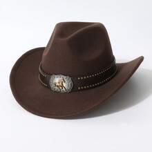 Unisex Classic Western Style Felt Cowboy Hat, Suitable For Horse Riding, Wilderness Photography, Equipped With Running Horse Badge Riveted Leather Strap, Equipped With Running Horse Badge Riveted Leather Strap, Horse Riding, Wilderness Photography, Western Theme Party, Halloween Party, Stage Outfit, Hat, Cap, Cowboy Hat - Multicolor - View 6