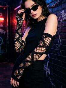 Halloween New Dark Distressed Hollow Out Sleeve Punk Gothic Mesh Long Fingerless Arm Warmers Accessory - View 3