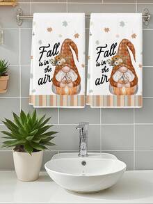 2Pcs Fall Is In The Air Gnome Pumpkin Kitchen Towel Set, Plaid Hat Gnome Floral Maple Leaf Farmhouse Fall Thanksgiving Dish Hand Towels - White - View 1