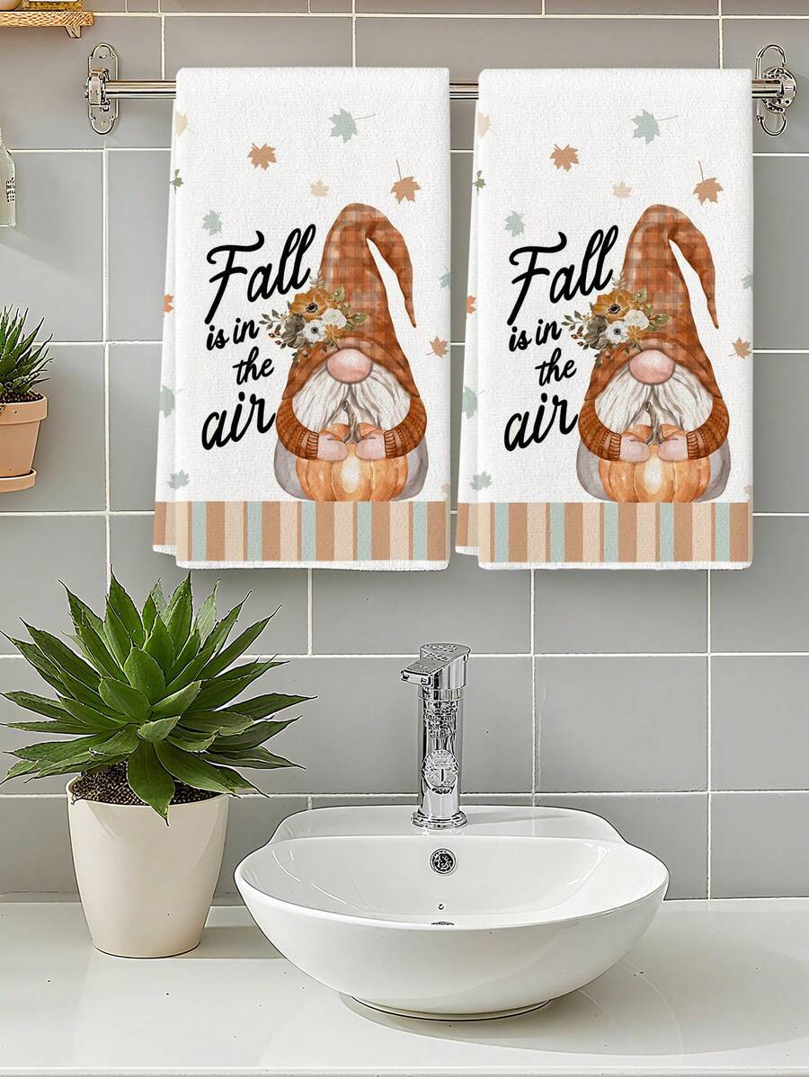 2Pcs Fall Is In The Air Gnome Pumpkin Kitchen Towel Set, Plaid Hat Gnome Floral Maple Leaf Farmhouse Fall Thanksgiving Dish Hand Towels - White - View 1