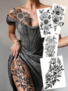 4pcs Black Floral Sketch Temporary Tattoo Stickers, Waterproof & Sweat-Proof, Suitable For Women's Arms, Thighs, Collarbone - Black - View 2