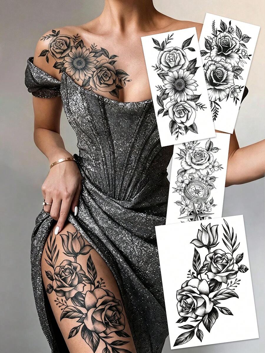 4pcs Black Floral Sketch Temporary Tattoo Stickers, Waterproof & Sweat-Proof, Suitable For Women's Arms, Thighs, Collarbone