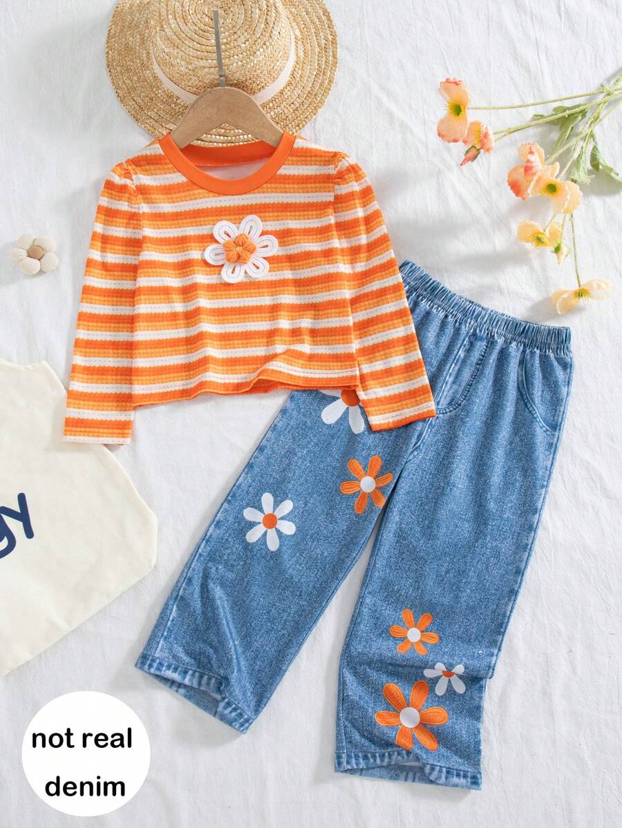 Girls' Casual Fashion Pineapple Plaid Striped 3D Floral Round Neck Long Sleeve Top And Floral Embroidered Straight Leg Pants 2-Piece Set, Spring/Autumn - Orange - View 1
