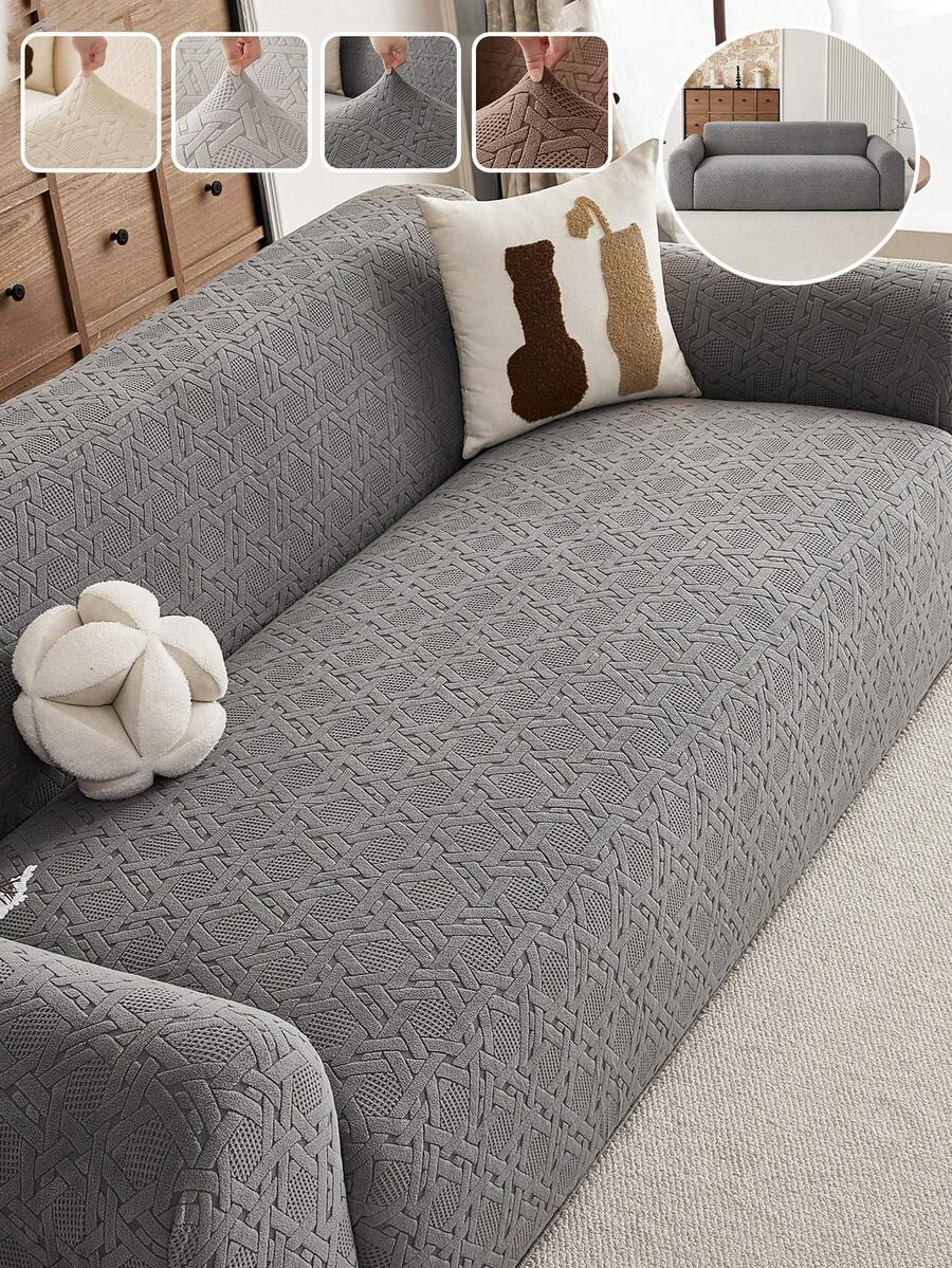 1pc Dark Gray Leaf Pattern Fleece Elastic Sofa Cover, Polyester Fiber Dust-Proof Anti-Slip Thickened Sofa Protector, Nordic Modern Style, Suitable For 1/2/3/4 Seater Sofa, All-Season Sofa Decoration, Pillowcase Not Included