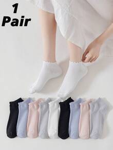 1/5 Pairs Women's Solid Color Short Socks, Fashionable Versatile Short Socks With Design Lace Cuff, Suitable For Daily Wear And Gifting - Multicolor - View 5