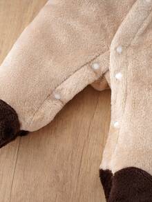 Autumn/Winter Plush Baby Hooded Footed Romper, Bear Embroidery Colorblock Raglan Sleeve Thickened Warm Crawler Suit - Brown - View 7