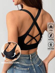 LianShengFa 1pc Backless Crisscross Strap High Elastic Wirefree Everyday Bra, Medium Impact Sports Seamless Racerback Yoga Bra, Breathable & Comfortable - Black - View 1