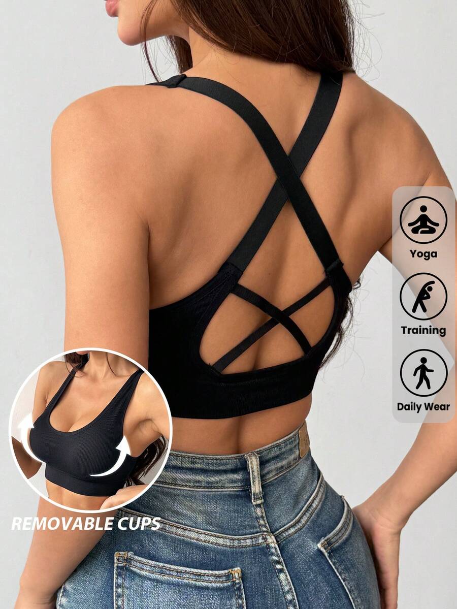 LianShengFa 1pc Backless Crisscross Strap High Elastic Wirefree Everyday Bra, Medium Impact Sports Seamless Racerback Yoga Bra, Breathable & Comfortable - Black - View 1