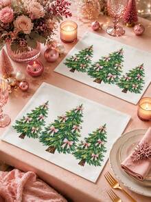 Christmas Table Runner, Throw Pillow, Placemat With Pink Bow And Christmas Tree Print, Minimalist Fresh Style, Holiday Kitchen Dining Table Decor - Multicolor - View 4