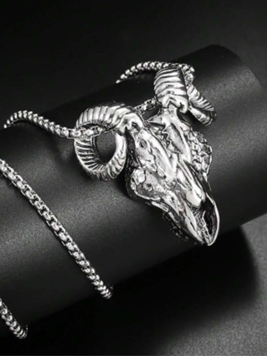 Kalung liontin pria model baru yang stylish dan retro dengan bentuk kepala domba yang usang, dengan desain unik dan khas. - Kalung liontin kepala domba jantan - View 1