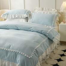 3pcs Skin-Friendly Soft Comfortable Light Blue Pom Pom Lace Double Layer Ruffle Bedding Set (1*Duvet Cover+2*Pillowcases, No Fillers), French Country Style, Lady Style, Girly Style, Bohemian Rural Style, Suitable For Bedroom, Guest Room, Boys And Girls Bedding, Machine Washable, All Season Use - Baby Blue - View 9