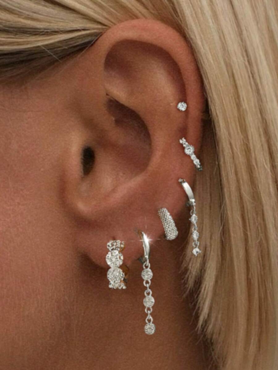 6pcs Set Exquisite Sparkling Zirconia Pendant Earrings Studs Set Suitable For Party, Holiday, Date Or Wedding - Silver - View 1