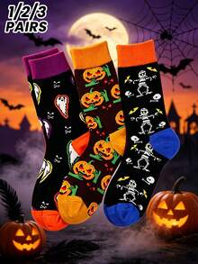 1/2/3 Pairs Cartoon Street Style European & American Halloween Black Mid-Calf Socks, Anti-Odor Long Socks, Men's Personalized Socks, Couple Socks - Multicolor - View 1