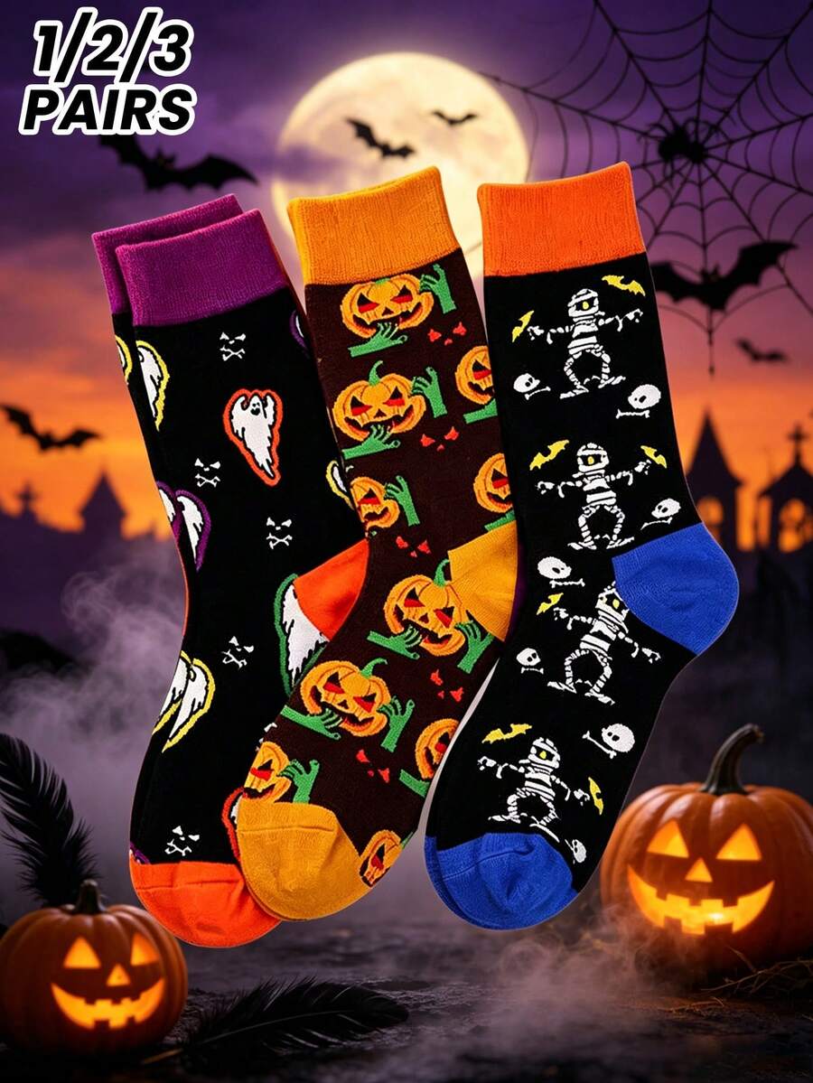 1/2/3 Pairs Cartoon Street Style European & American Halloween Black Mid-Calf Socks, Anti-Odor Long Socks, Men's Personalized Socks, Couple Socks - Multicolor - View 1