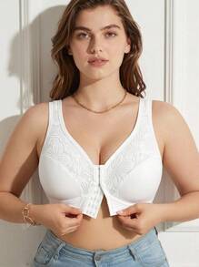 Rosiemei Plus Size Women's Front Closure Wireless Lace Patchwork Supportive Push-Up Bra - White - View 2