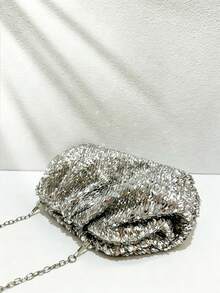 Women Evening Clutches,Cloud Pleated Pouch Clutch Bag,Sparkly Nightclub Party Style, For Prom Banquet Wedding Date Night Ladies All Seasons - Silver - View 3