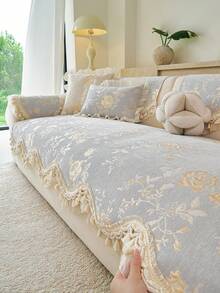1pc Luxury Chenille Floral Jacquard Sofa Cover, French Style Ruffle Trim Tassel Lace Edge Non-Slip Sofa Protector Pad, All Season Living Room Sofa Slipcover - Grey - View 5