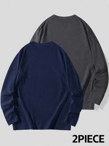 Women's Fashion Autumn/Winter Loose Minimalist Versatile Solid Color Long Sleeve T-Shirt 2pcs/Set - Dark Grey + Navy Blue - View 4