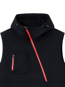 NBCT Women's Patchwork Hooded Sleeveless Vest With Kangaroo Pocket, Outdoor Casual Sports Utility Jacket - Black - View 3