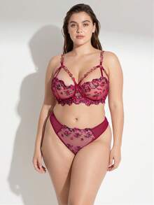 Rosiemei Conjunto de lingerie sexy plus size feminina com cobertura total, bordado floral bordô, fio dental sexy, peça íntima romântica para o Dia dos Namorados. - Vinho - Visão 3