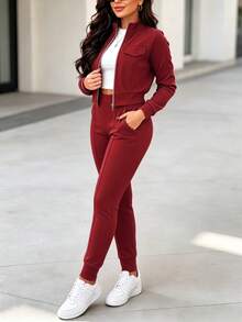 Setelan Wanita 2 Potong Terbaru Musim Semi, Gugur, dan Musim Dingin, Warna Polos Kasual dengan Jaket Pendek Berresleting & Celana Panjang Ketat dengan Pinggang Elastis dan Kantong, Setelan Elegan - Burgundy - View 3