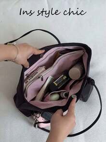 Long Tote Bag With Detachable Mini Pouch, Customizable With Charms, Multi-Compartment Interior Storage, Magnetic Snap Closure, Minimalist Shoulder Strap, Korean Style, Large Capacity, Suitable For Commuting And Shopping, Casual Shoulder Handbag, Easy Organization For Daily Essentials - Coffee Brown - View 4