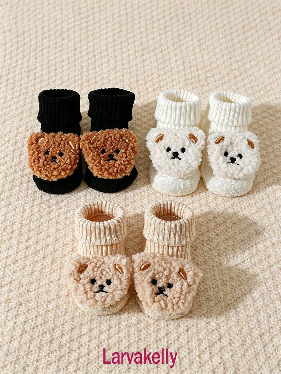 3 Pairs Cute Bear Decor Indoor Terry Socks, Soft And Adorable Cuffed ...