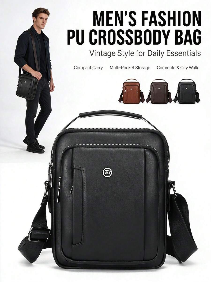 1pc Men's Vintage PU Crossbody Bag, Multi-Compartment Large Capacity Handbag, Business Commute Shopping One Shoulder Small Backpack