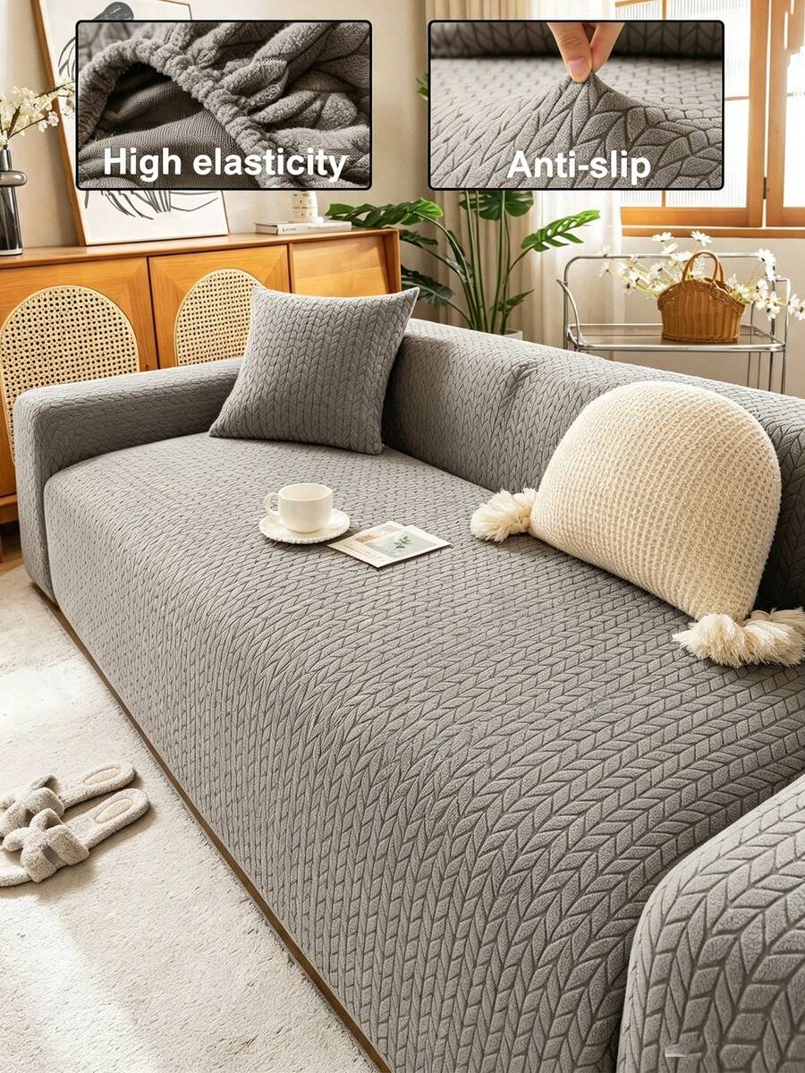 1pc Solid Color Fleece Full Coverage Elastic Sofa Cover, Geometric Pattern Design, Foam Rod Fixed Non-Slip Pet Friendly, All Season Vacation Leisure Holiday Decor, Combination Sofa Recliner Straight Sofa Sofa Cover