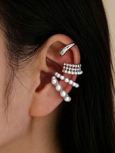 4pcs Silver Ear Clip Set, Faux Pearl Beaded Twisted Metal Clip-On Earrings, For Women