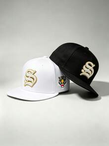 1pc Letter S Tiger Head Embroidered Flat Brim Snapback Hat, Adjustable Unisex Hip Hop Street Style Fashion Baseball Cap, Suitable For Daily Outdoor Wear - Multicolor - View 4